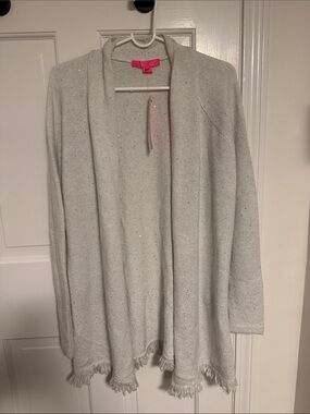 Lilly Pulitzer Light Gray Sparkle Open-Front Fringe Cardigan
